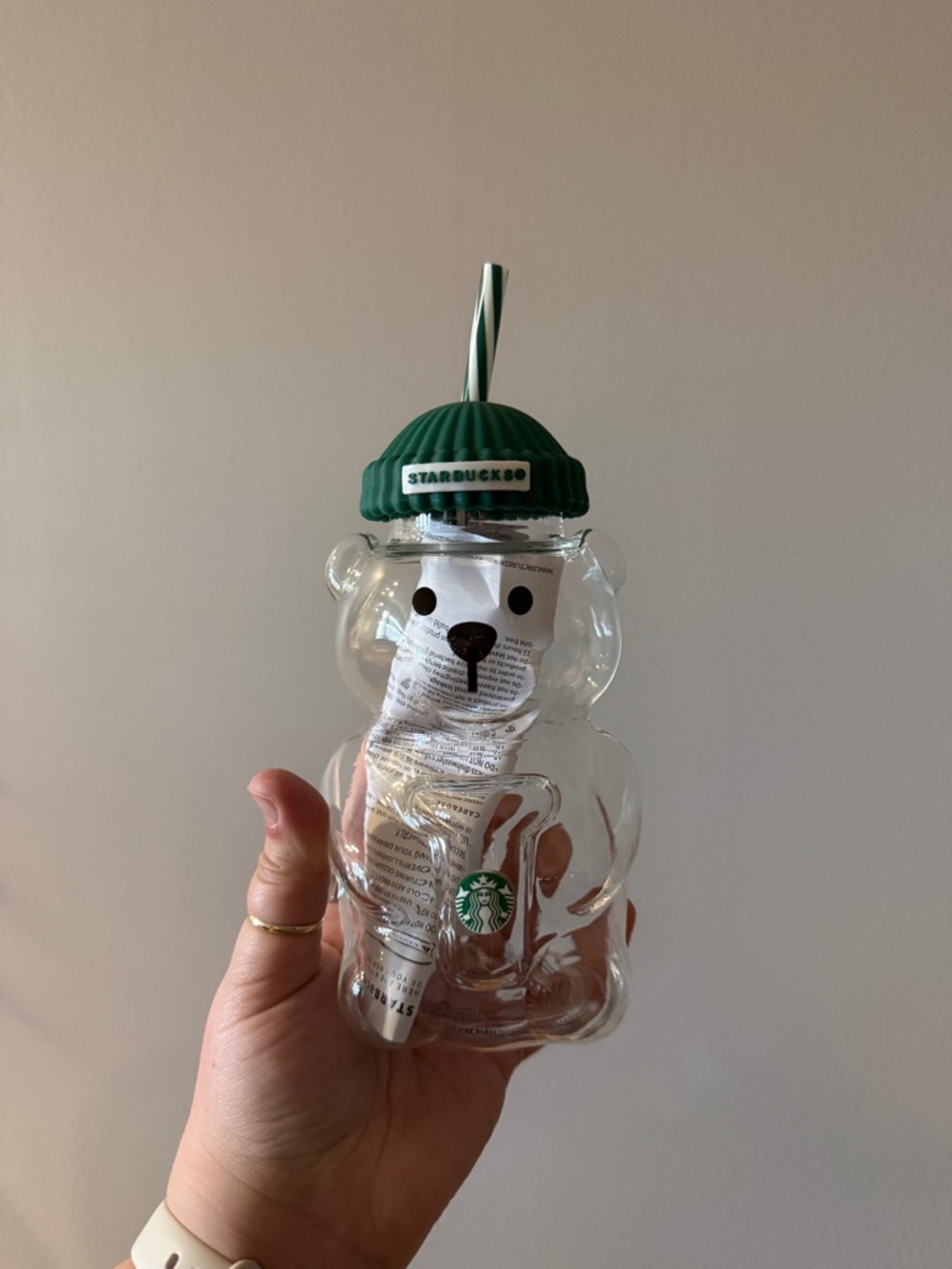 Starbucks Clear Bear Tumbler with Green Striped Straw Cap